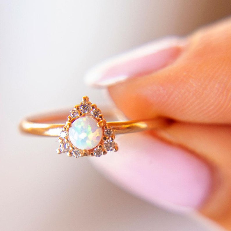 Opal Ring 14K Solid Rose Gold Birthstone Gift Triangular Ring with a Center Opal Gift For Her Opal Stacking Ring Opal Jewelry