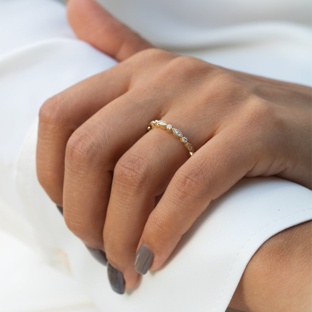 Vintage Wedding Ring, 14K Gold Art Deco Diamond Half Eternity Band