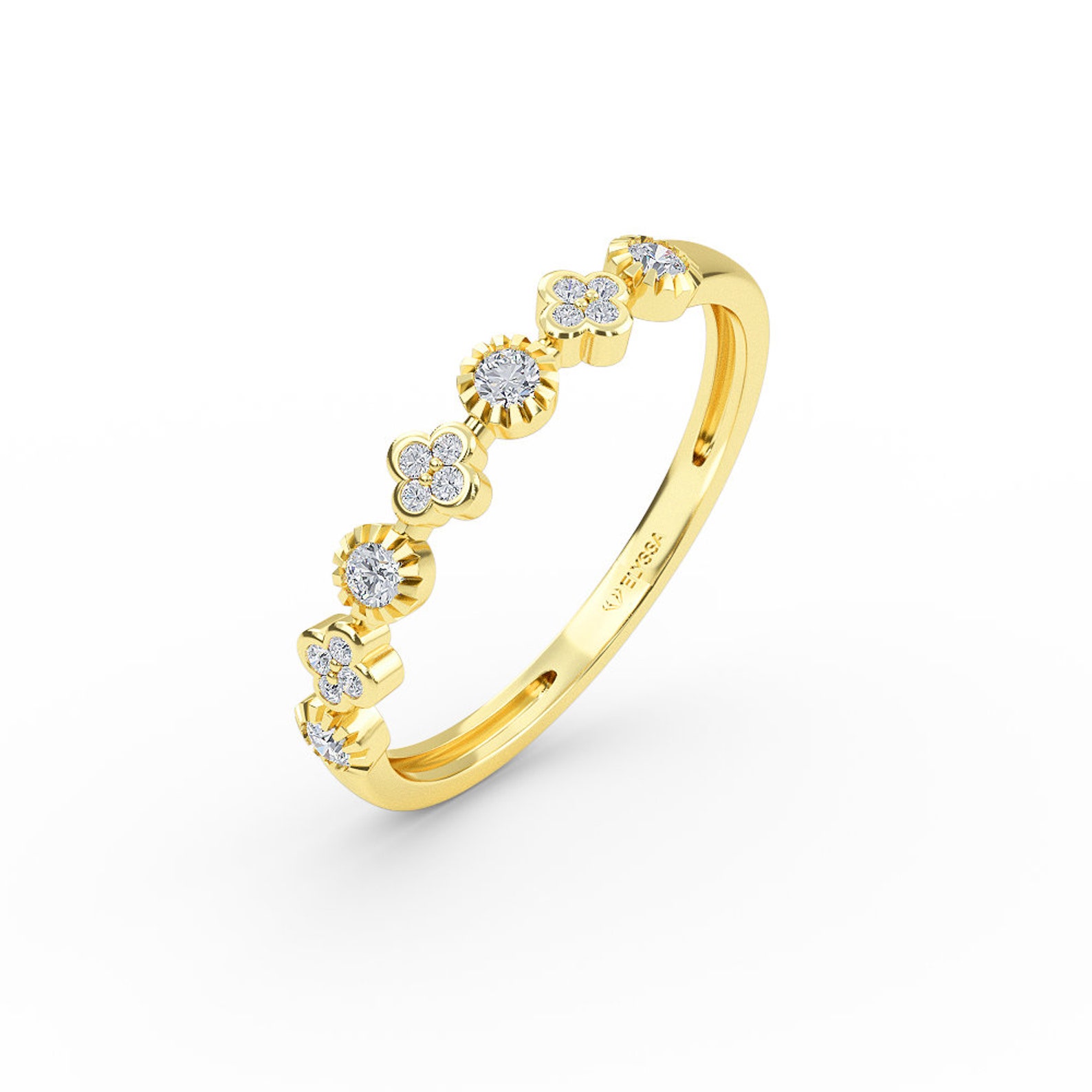 Flower Diamond Wedding Band 14K Gold 3MM Round Diamond Micro Etsy