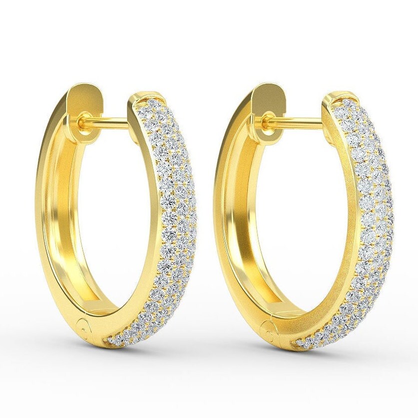 Diamond Hoops Earrings / 14K Gold Three Row Huggies Earrings / | Etsy