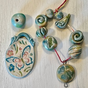 Collection of Handmade Pottery Beads and Pendants, Blue Shades, Butterfly Pendant