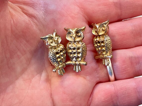THREE Vintage Owl Pin Brooch, Gold Wash; Unique Bird Jewelry