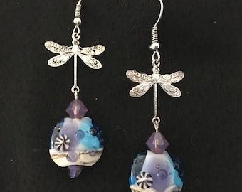 Dragonfly and Art Glass Bead Earrings