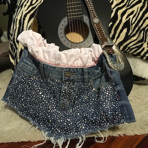 Strass “Pink” Blaue Jeans Shorts mit Verblendete Western Gürtel Riemen Handtasche