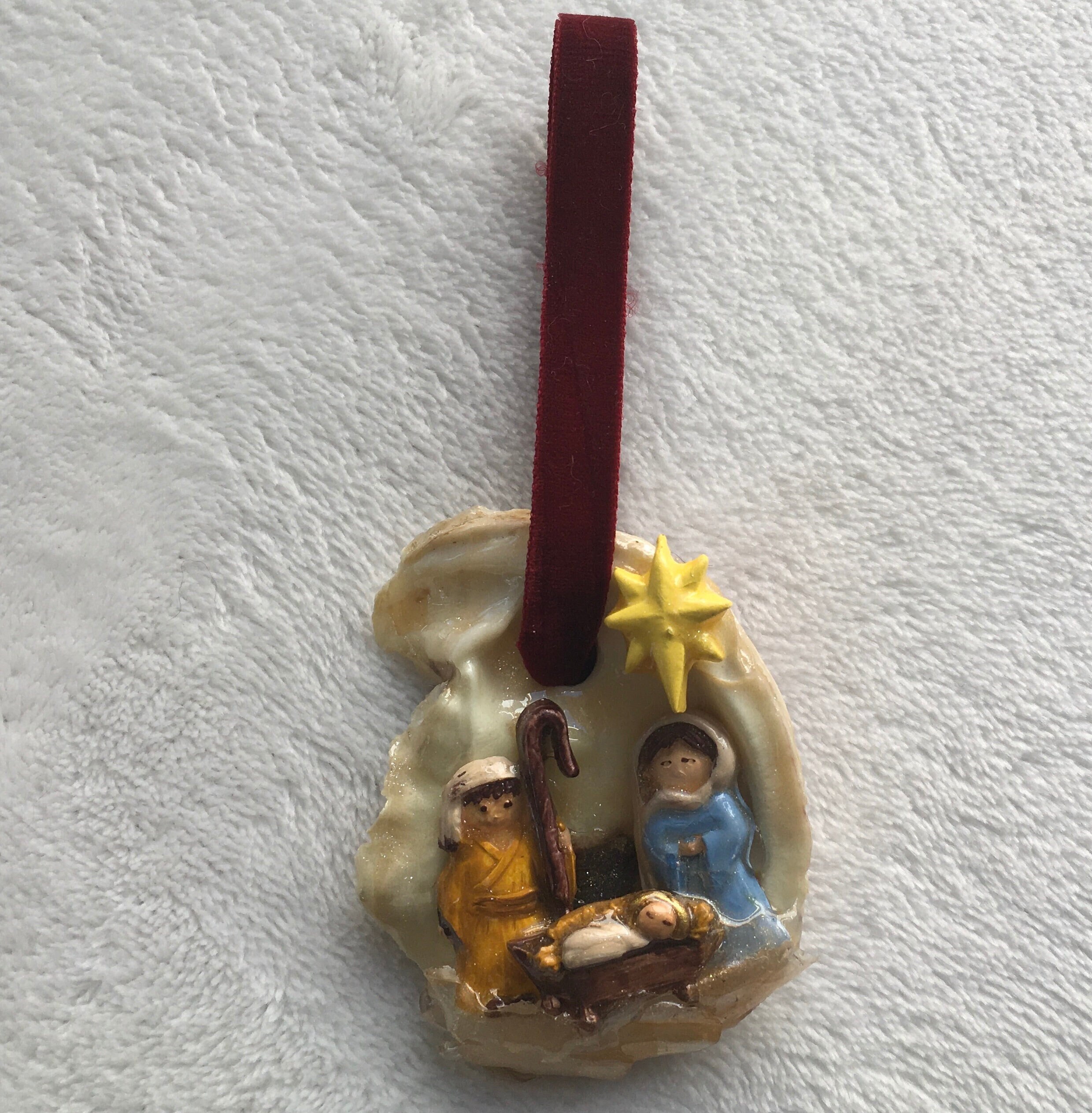 Oyster Shell Nativity Ornament with Red Ribbon
