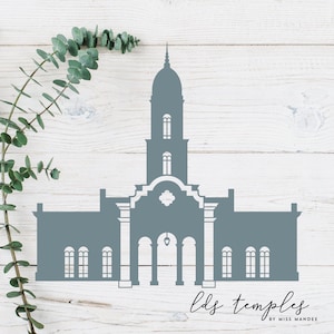 Puede incluir: Silueta gris de un edificio de templo con una alta torre central, entrada arqueada y múltiples ventanas. El texto "lds temples" está escrito en cursiva debajo del edificio, con "by MISS MANDEE" debajo.