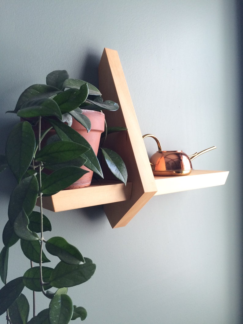 Floating angular offset wood display shelf etsy