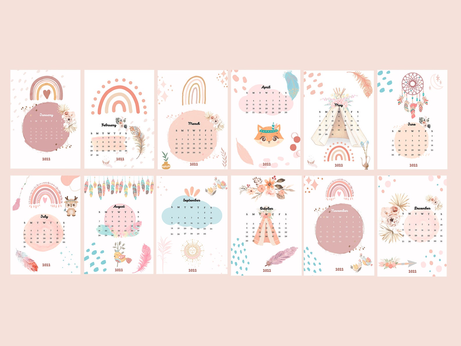 2022 Boho Printable Calendar Pink Calendar 2022 PDF Etsy 2022 boho printable calendar pink calendar 2022 pdf etsy