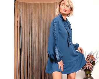 Satin Mini Skirt Dress, Button Up and Pocket Silk Dress, Long Puff Sleeves with Details, Cocktail Occasion Shirtdress with Drape and Collar