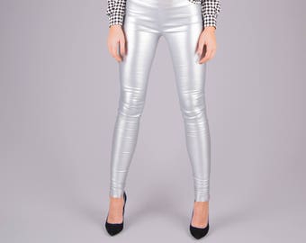 Silver Leggings, Women Leggings, Leggings Girls, Metalic Leggings, Avant Garde clothing,  Leather Leggings, Elastic Pants, Long leggings