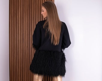 Black Wool & Faux Fur Coat / Black Fake Fur Jacket / Women Shaggy Coat / Long Hair Winter Coat / Vegan Fur Coat / Glam Boho Fur Coat
