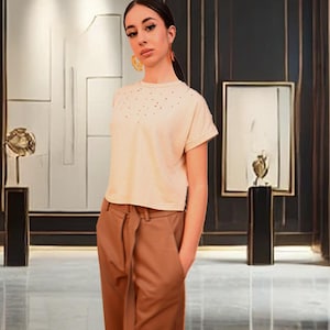 Ecru Blouse with Embellished Stones, Lace Trim and Cuffed Sleeves, Elegant and Feminine Women’s Top for a Timeless Chic Look