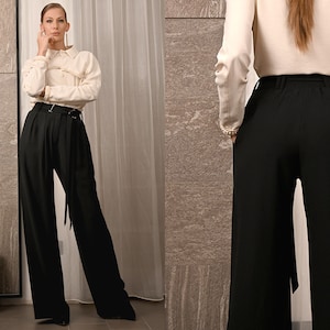 Women&#39;s Wide Leg Pants, Black Palazzo Pants, Black Wide Leg Trousers, Black Wide Leg Pants, Black Pants With Belt