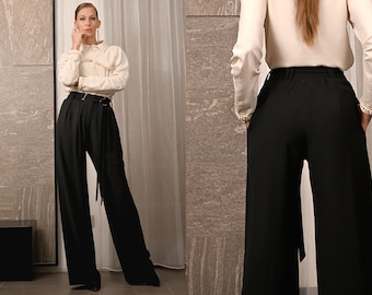 Women's Wide Leg Pants, Black Palazzo Pants, Black Wide Leg Trousers, Black Wide Leg Pants, Black Pants With Belt