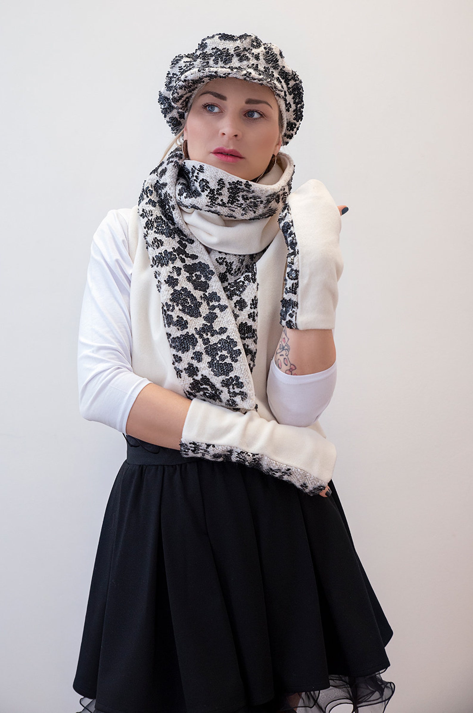 Hat Scarf Gloves Set, Hat Scarf Combo, Cashmere and Leather Sequins