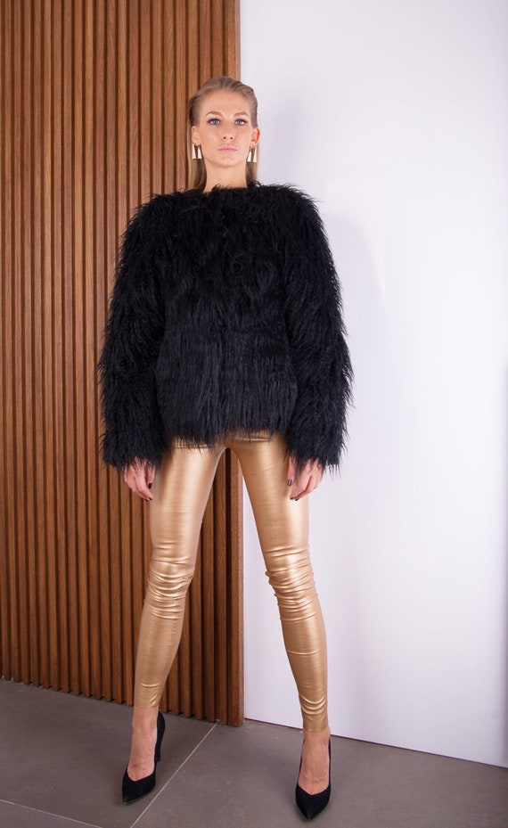 Black faux fur shaggy cropped jacket sale