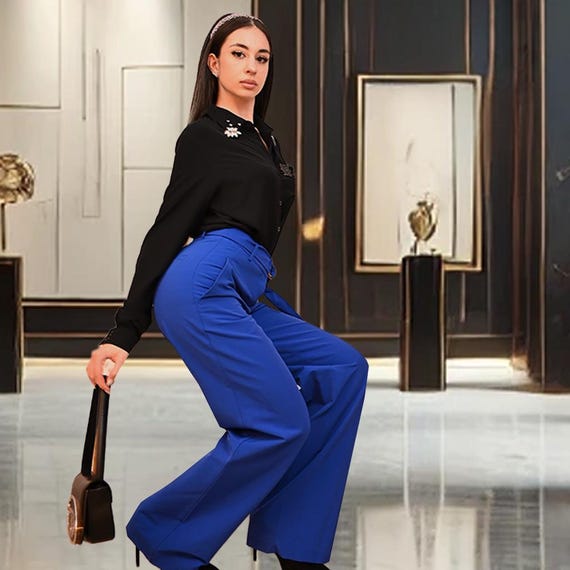 Wide Leg Royal Blue Pants for Women Elegant High Waist Trousers with Belt, Front Zip, and Pockets Chic and Comfortable Style Wide Leg Royal Blue Pants for Women Elegant High Waist Trousers with Belt, Front Zip, and Pockets Chic and Comfortable Style