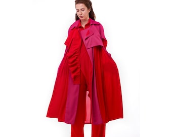 Langen Mantel, Magenda roten Mantel, übergroße Graben, Plus Größe Kleid, Plus Größe Trenchcoat, Kleidung der Frauen, Womens Trench Kleid, drapierte Kleid
