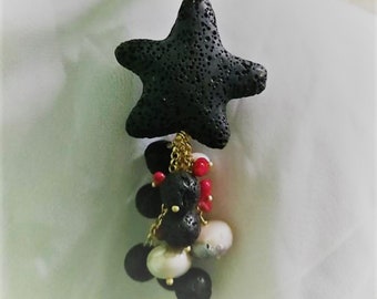 Star pendant in lava stone with pearls and coral. Pendant for lace and chain. Gift for her