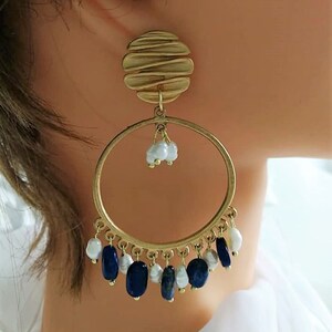 Hoop earrings Hoop earrings with semiprecious stones and pearls Hoop earrings with Lapis Lazuli and pearls Gold earrings Gift for her