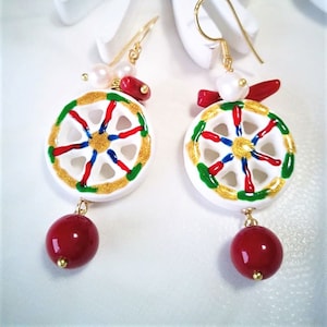 Caltagirone Ceramic Earrings,Sicilian Earrings,Rota Earrings,Pendant Earrings,Gold Plated 925 Silver Earrings,Gift