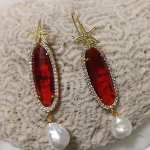 925 zilveren oorbellen met kwarts en barokke parel. Elegante gouden oorbellen met zirkonen. Chic.Gioielli Italiani.Regalo oorbellen voor haar