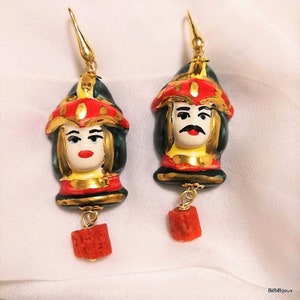 Caltagirone keramische oorbellen, Siciliaanse oorbellen, donkerbruine oorbellen, hanger oorbellen, vergulde 925 zilveren oorbellen, cadeau