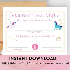 Printable Unicorn Adoption Certificate, Editable Template, Princess Fairy Tale Party, Girls Birthday Favor