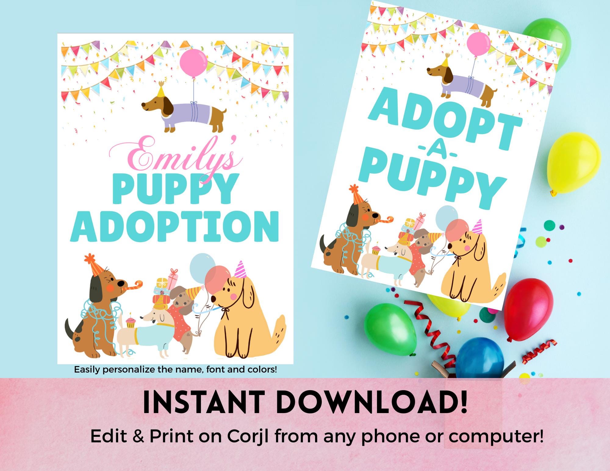 Instant Download Puppy Adoption Sign, Birthday Party Decor, Editable ...