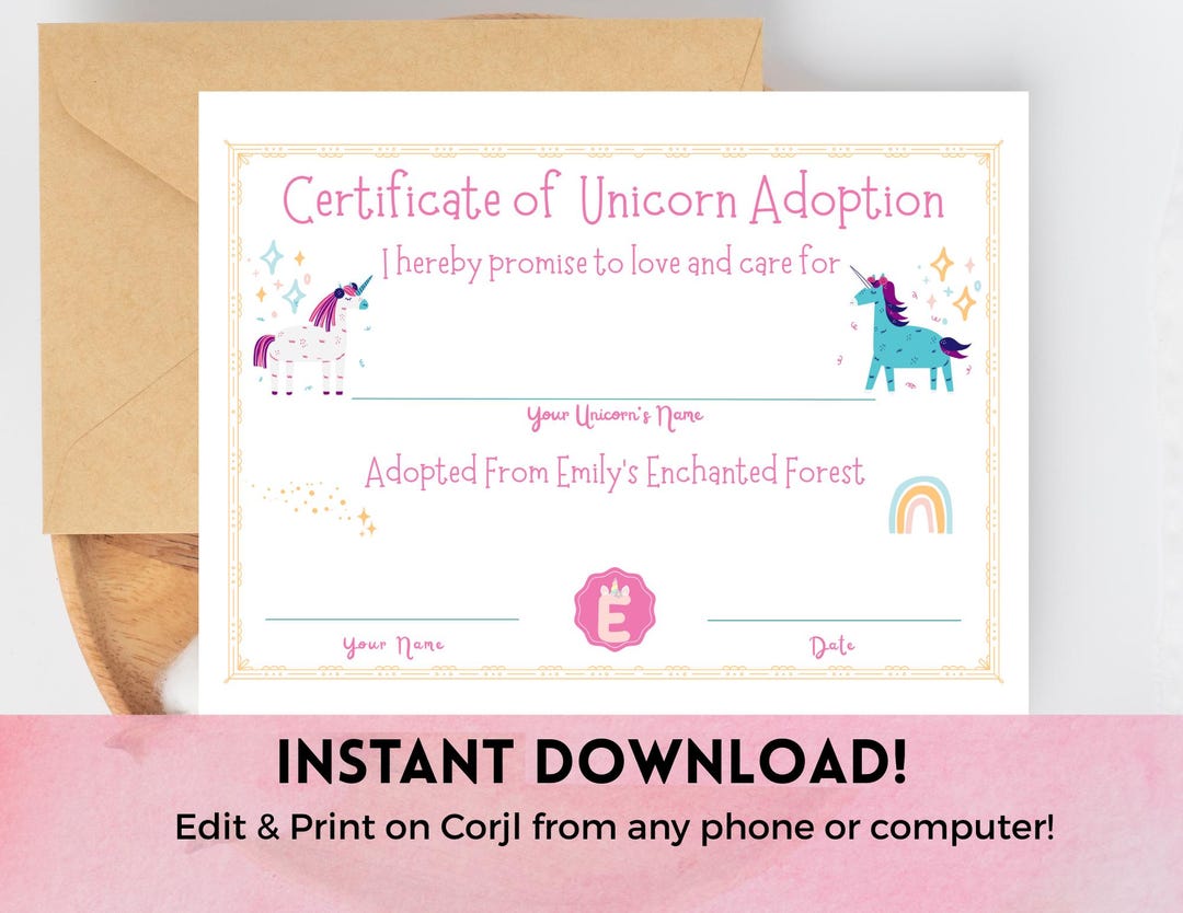 Printable Unicorn Adoption Certificate, Editable Template, Princess ...
