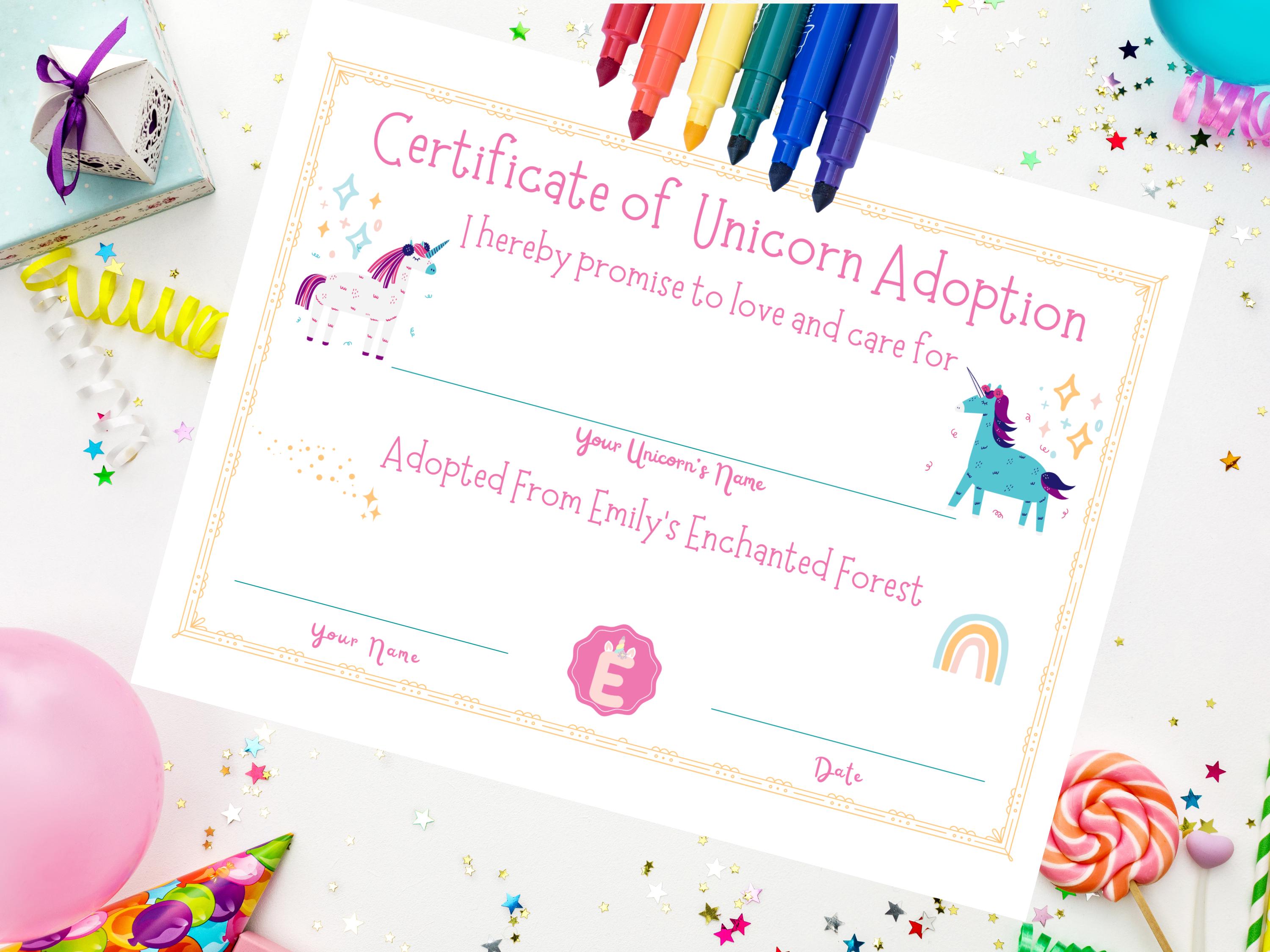 Printable Unicorn Adoption Certificate, Editable Template, Princess ...