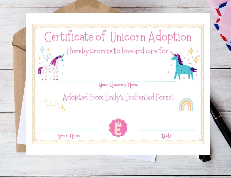 Printable Unicorn Adoption Certificate, Editable Template, Princess ...