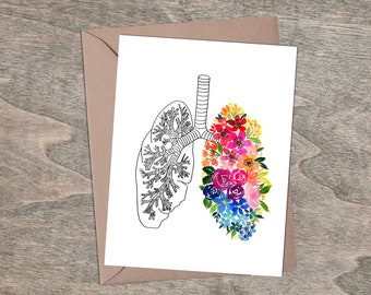 Anatomical lung flower card, doctors, nurses. pulmonologist, pulmonary doctor, respiratory system, lung transplant card, lungversary card