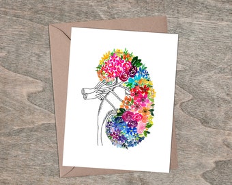 Anatomical kidney flower card, gift for medical workers, doctors, nurses. nephrologists, kidneyversary card, kidney transplant card