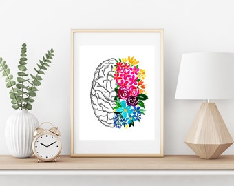 Anatomical Brain floral art print, wall art, Neurological doctor wall decor, Neurological nurse gift, brain cancer survivor, brain flowers