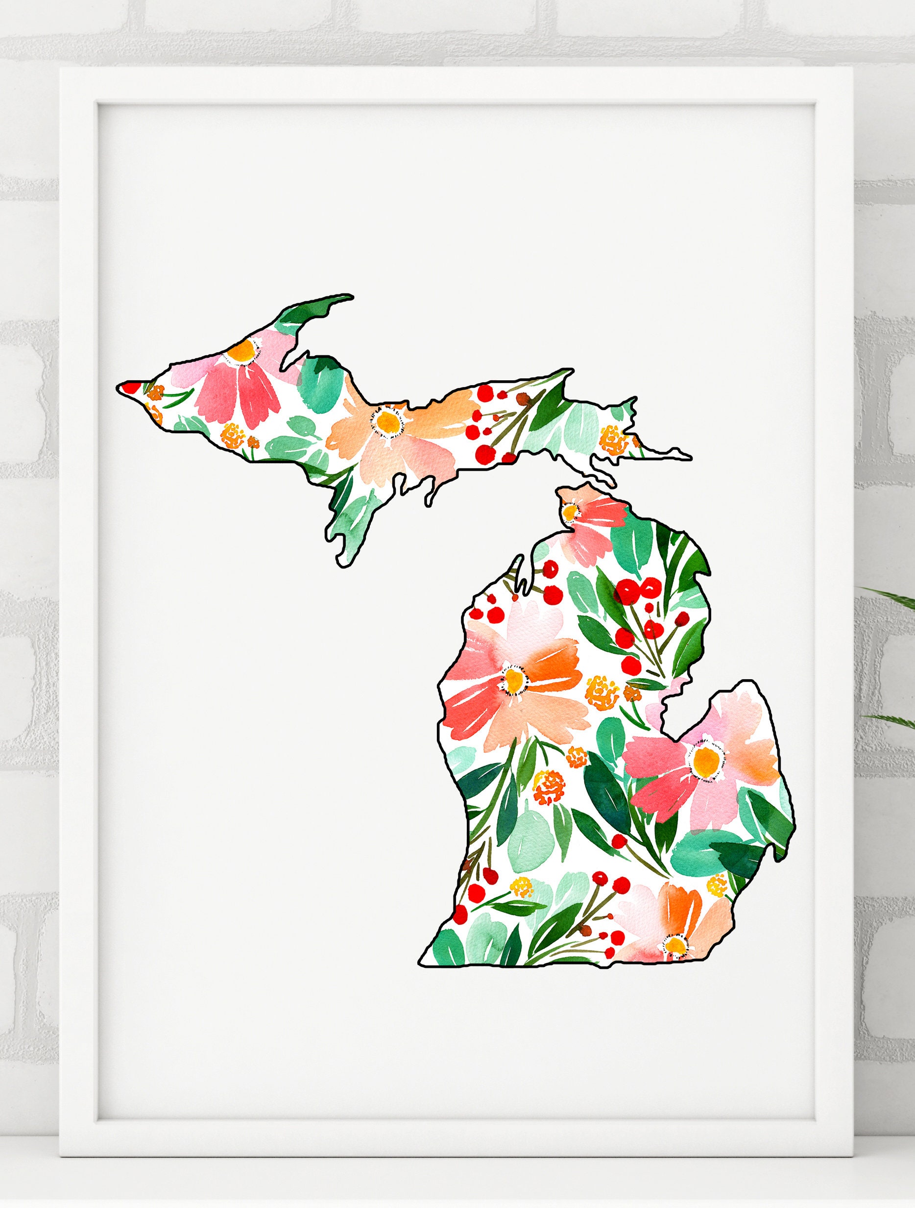 Michigan Map Watercolor Floral Design. State of Michigan - Etsy