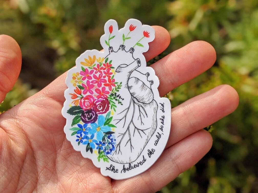 Anatomical heart floral vinyl sticker. watercolor design sticker. Flo…