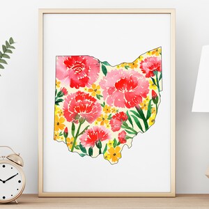 Ohio State Floral Watercolor Print. Ohio Printable. Ohio Flower Art. Watercolor State Print. Housewarming Gift.