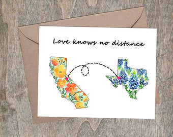 Customizable State card, love knows no distance, floral state card, flower card, long distance relationship card, state map line