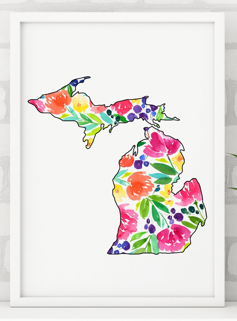 Michigan Map Watercolor Floral Design. State of Michigan - Etsy