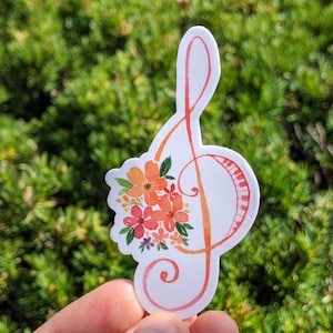 Musical note floral watercolor design sticker. Music. Treble vinyl decal sticker.  Laptop sticker. Flower stickers. Waterproof sticker. Gift