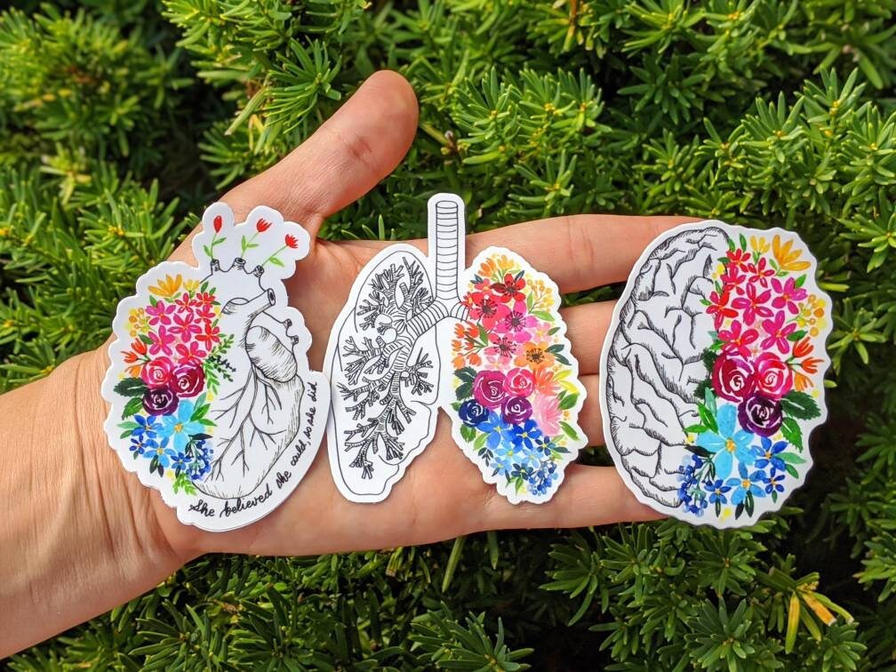 Anatomical heart lung brain floral vinyl sticker Set. Flower vinyl de…