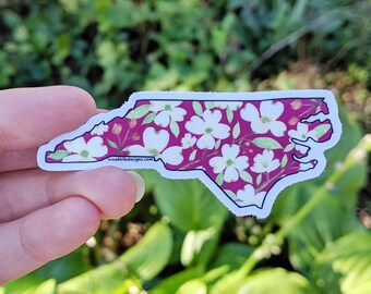 North Carolina state floral watercolor map design sticker. vinyl decal sticker. Flower stickers. Laptop Tumbler Waterproof stickers. Dogwood