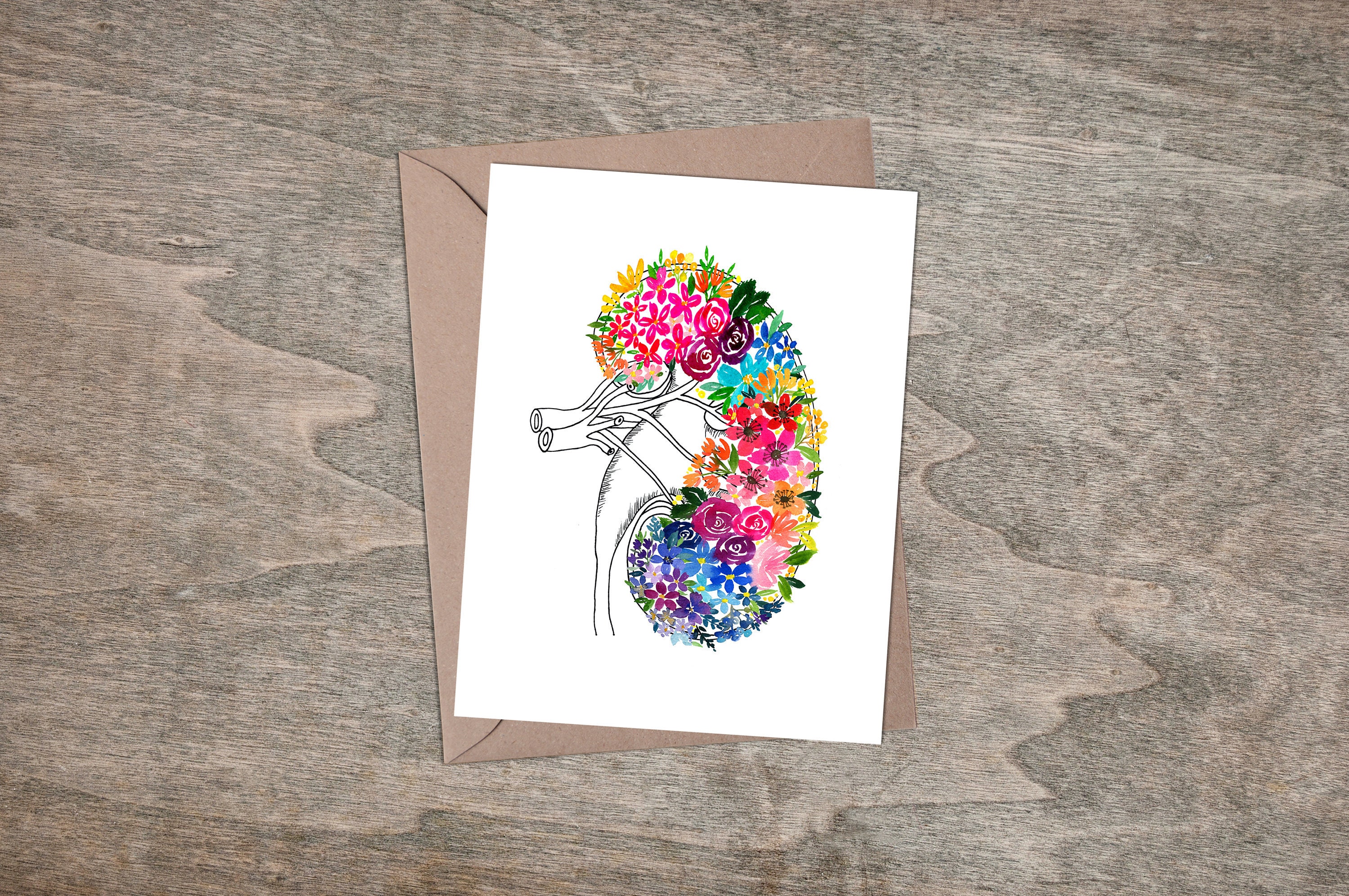 Anatomical kidney flower card, gift for medical workers, doctors, nurses. nephrologists, kidneyversary card, kidney transplant card