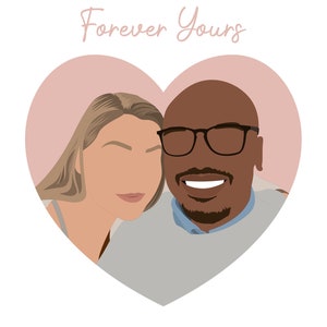 May include: A couple, a woman with blonde hair and a man with dark skin, are smiling and looking at the camera. They are in a heart-shaped frame with the text "Forever Yours" above them.