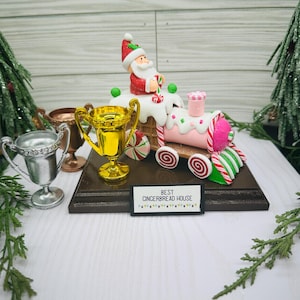 Santa on Frosted Gingerbread Train Trophy - Gold/Silver/Bronze Trophy options - Christmas Party Trophy, Award or Centerpiece