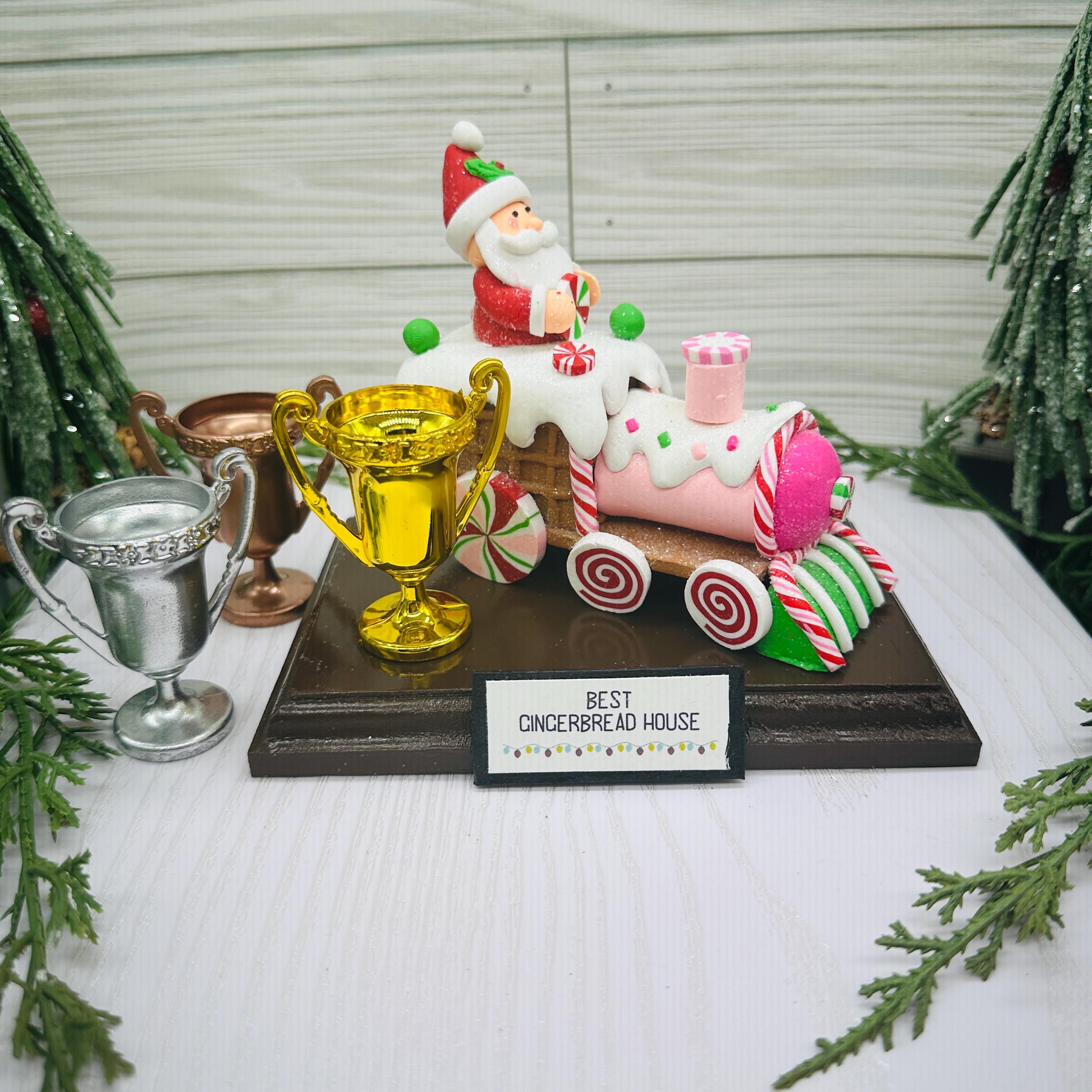 Santa on Frosted Gingerbread Train Trophy - Gold/Silver/Bronze Trophy options - Christmas Party Trophy, Award or Centerpiece