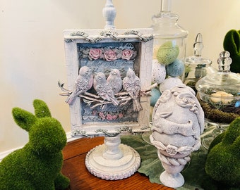 Birds and Bunny Dimensional Pedestal - Vintage, Shabby Chic, Indoor Decorations, Spring