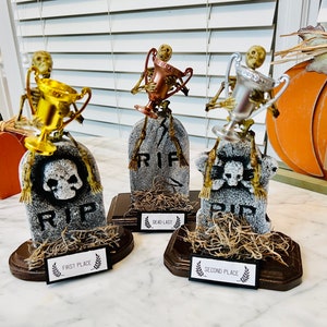 Gold/Silver/Bronze Tombstone Trophy Winner - Halloween Skeleton Party Trophy, Award or Centerpiece