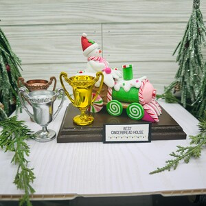 Snowman on Frosted Gingerbread Train Trophy - Gold/Silver/Bronze Trophy options - Christmas Party Trophy, Award or Centerpiece